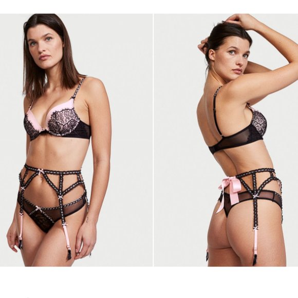 VS M/L Ribbon Slot Garter Belt Black and Pink Incredibly Sexy NWT - Picture 4 of 5